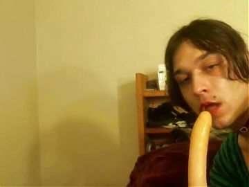 Cock hungry crossdresser has to settle for dildo.